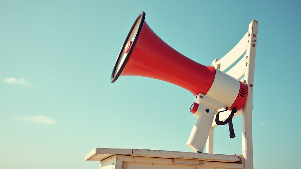 Eye-level view of a red and white rechargeable megaphone on a lifeguard chair