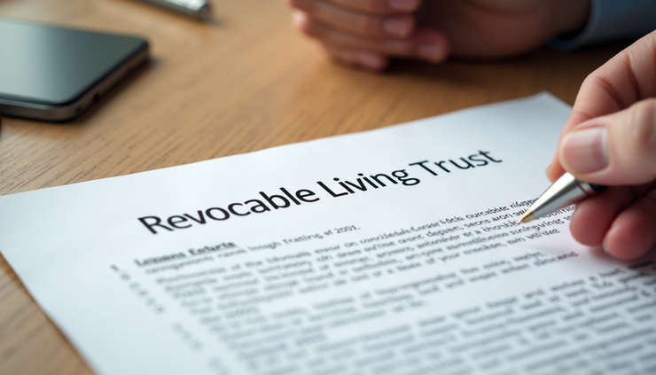 Eye-level view of a legal document titled "Revocable Living Trust" on a wooden desk with a pen