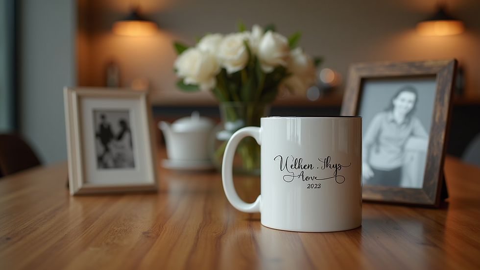Eye-level view of a wooden table with personalized gifts including engraved mugs and photo frames
