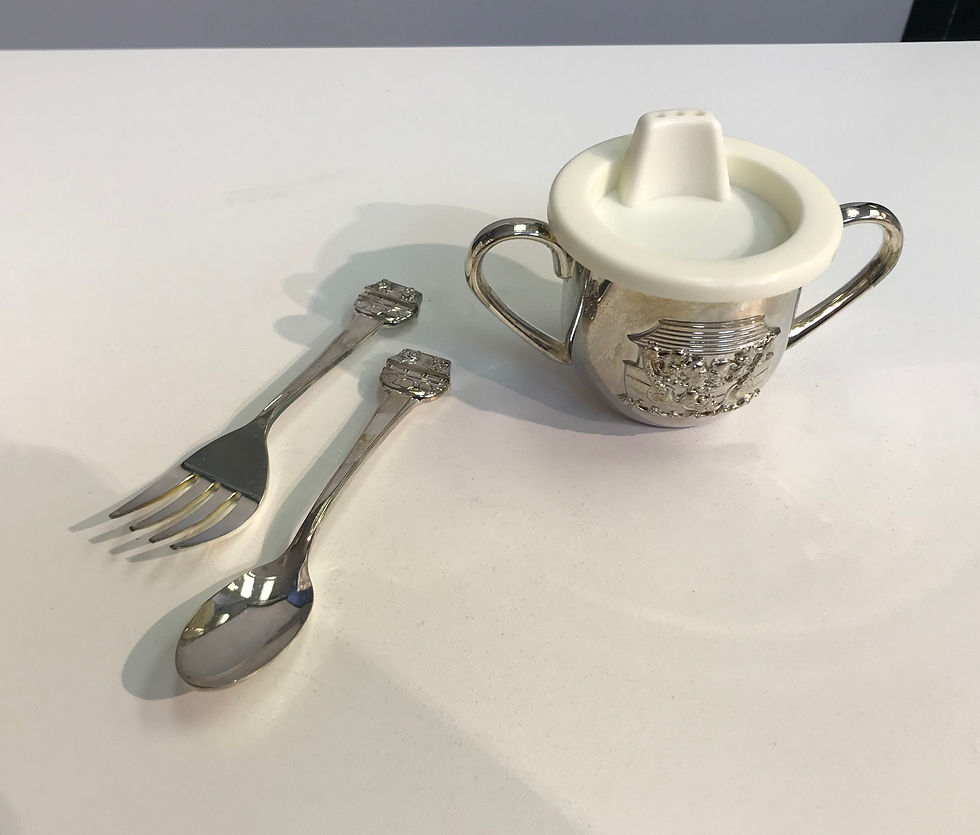 Miniature : Baby Gift - Silver Set of Cup, fork and spoon