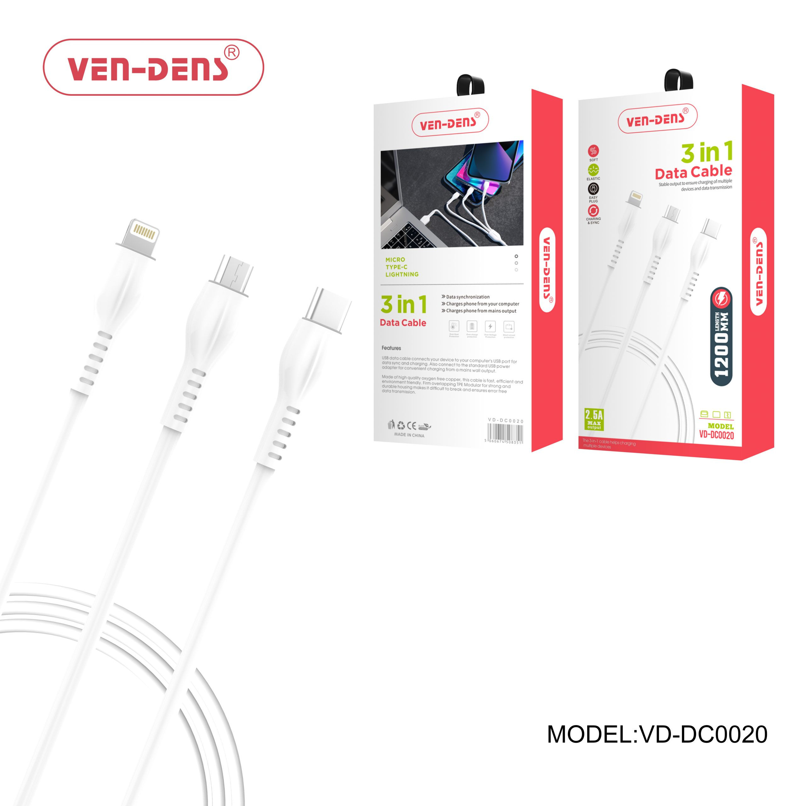 3 In 1 USB to Type C Lightning and Micro Charging Cable
