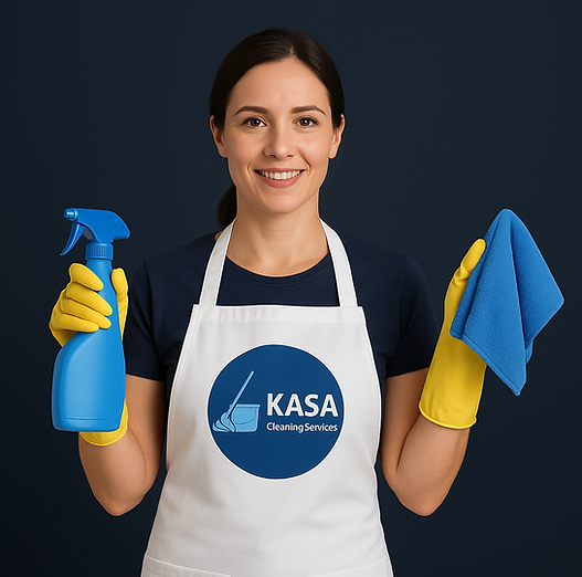 Smiling KASA Cleaning Services team member wearing uniform, representing professional home and business cleaning