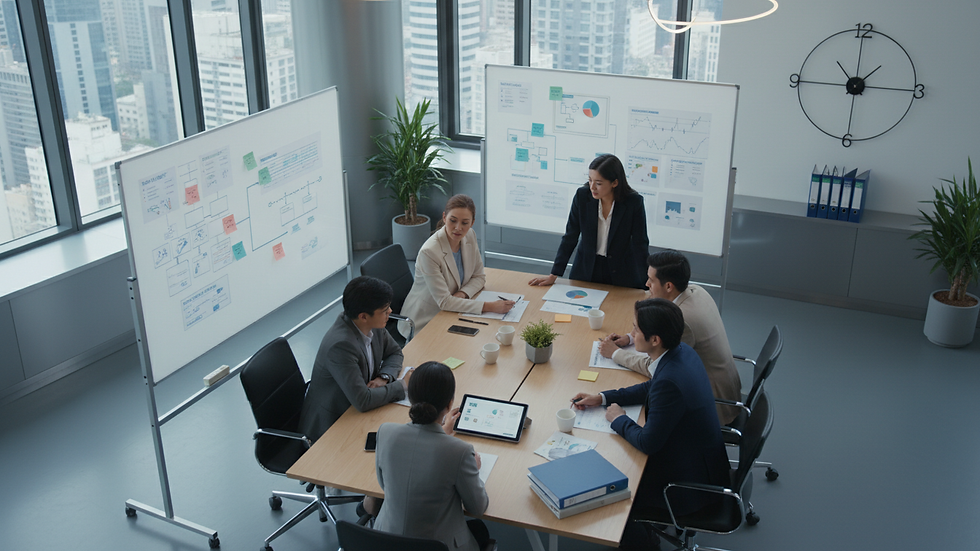 High angle view of business team collaborating on project planning