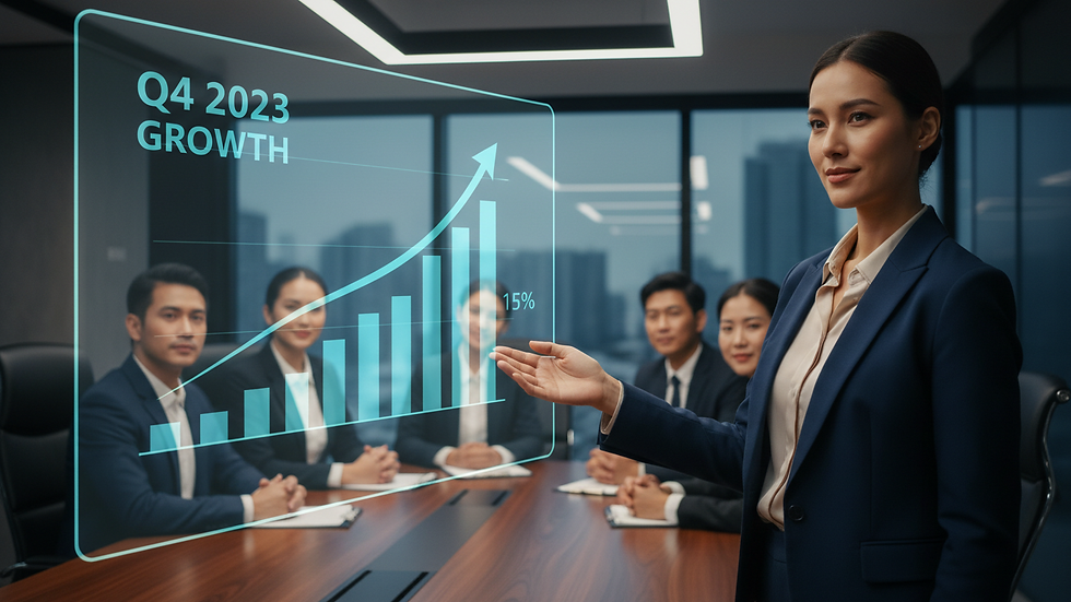 Close-up view of a business leader presenting a growth chart in a corporate meeting
