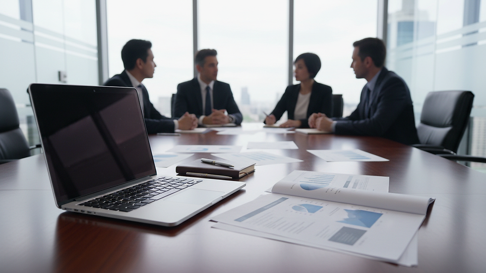 Eye-level view of a modern office meeting room with a focus on a laptop and documents