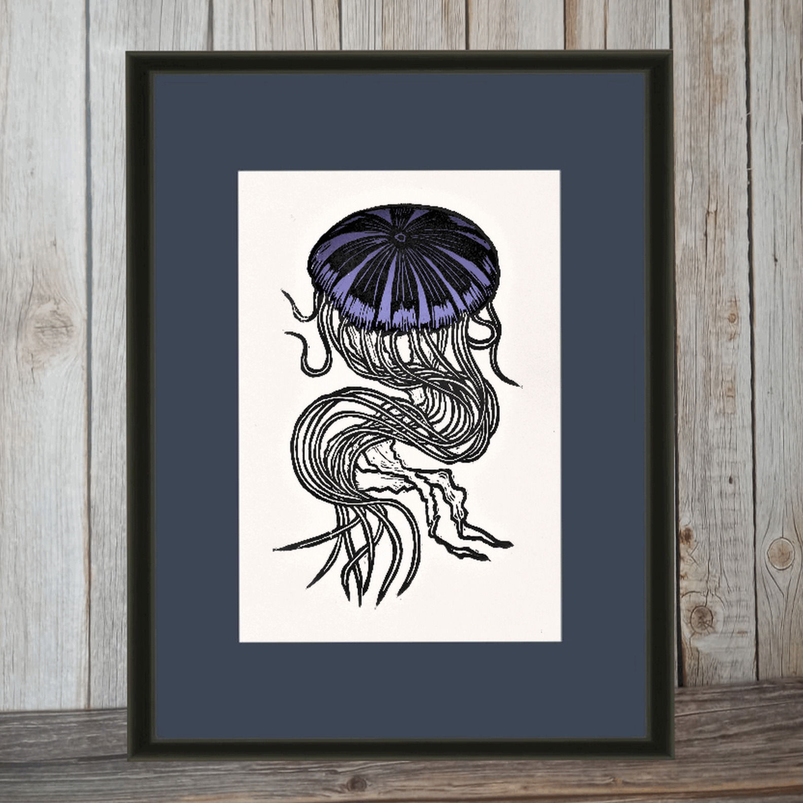 Jelly Fish Fine Art Lino Multi block Print in black and purple in white paper