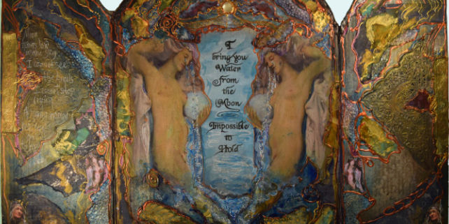 Wooden 3-panel sacred altar construction to invoke the Divine Feminine. By Georjean Machulis.