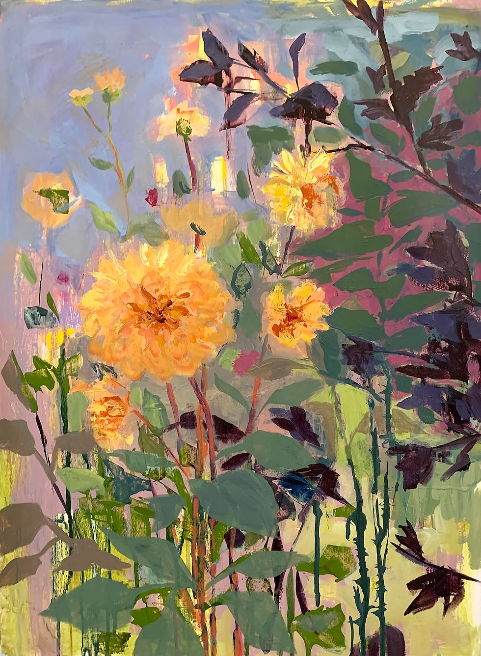 Abstract floral painting with yellow-orange blooms and green leaves against a soft blue and pink background.