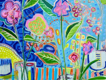 Colorful abstract painting with pink flowers, green leaves in vases, and a vibrant blue and orange patterned background.