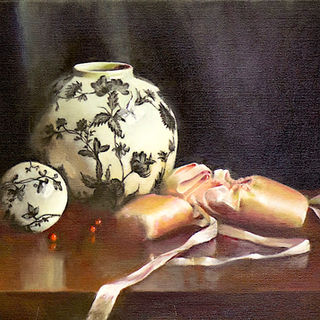 Still life oil painting featuring a vase painted with an asian motif next to a pair of pink ballet toe shoes. The scene appears against a dark background lending an air of sadness.
