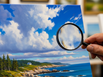 Painting representative of midcoast Maine being examined by an art judge who is holding a magnifying glass.
