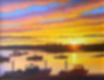 Boats silhouetted against a vibrant orange and yellow sunset, calm water, and birds in the sky. Peaceful mood. Artist is Charles Nowell.