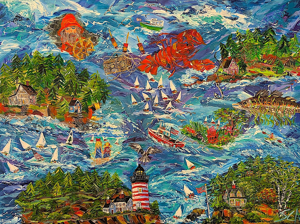 Colorful painting of a Maine coastal scene with lighthouses, houses, sailboats, and a large lobster. Ocean waves dominate, creating a lively, vibrant atmosphere.