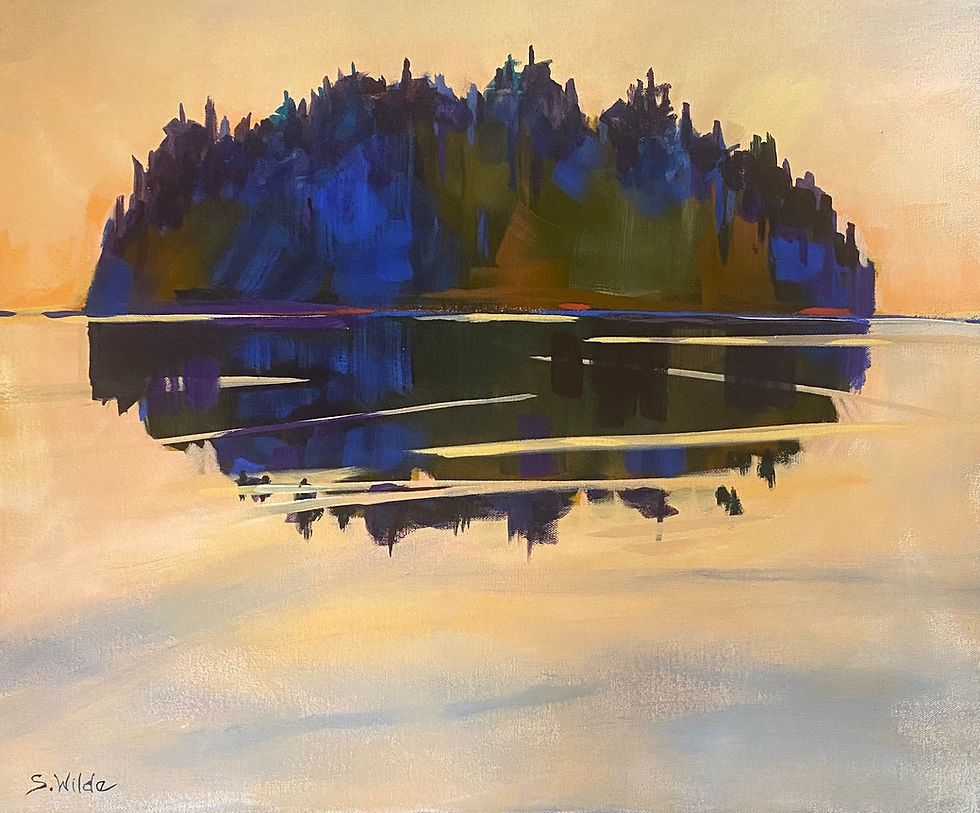 Painting of a serene ocean reflecting a forested island at sunset. Warm hues dominate, with deep blues and subtle purples in the trees.
