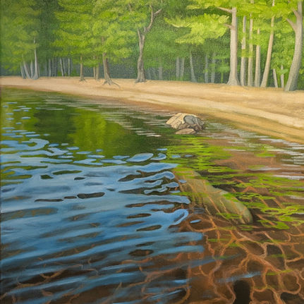 Oil painting by Maine artist Kelly Ufkin that depicts a serene lakeshore scene with rippling blue water, a sandy beach, and lush green trees. Rocks are on the shore. Signature: Kelly Ufkin.