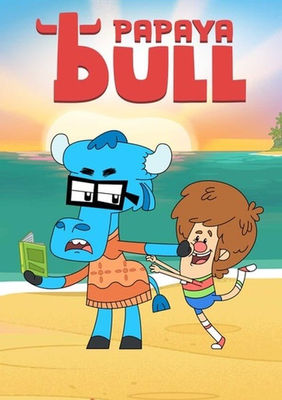 Cartaz da animação 'Papaya Bull' criado pelo estúdio 52 Animation Studio em parceria com Birdo e Boutique Filmes, mostrando os dois personagens animados principais.