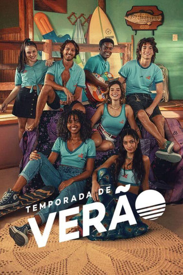 Poster da série 'Temporada de Verão' com sete personagens sentados juntos.