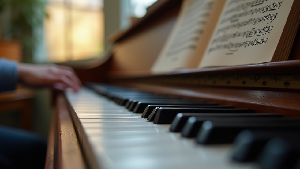 Close-up view of a piano keyboard with sheet music