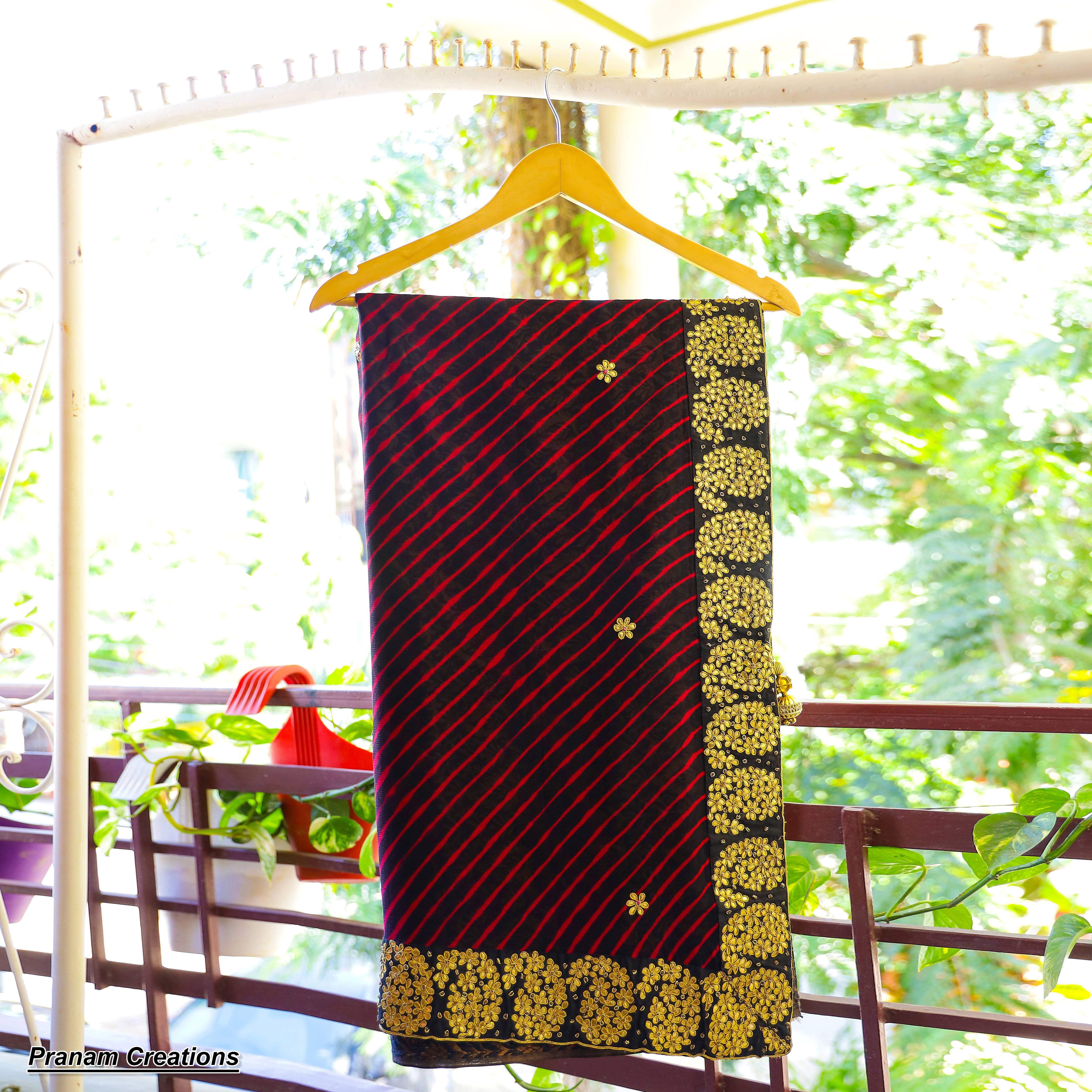 Black and red color pure chiffon lehriya with gott patti work