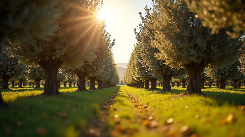 Eye-level view of a lush olive grove under the sun