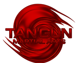 Tangun Martial Arts logo with red swirl on black background