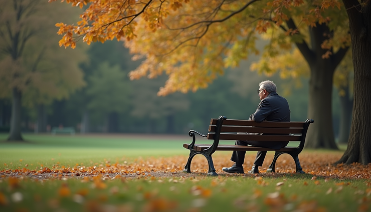 Eye-level view of a person sitting on a bench in a quiet park, reflecting thoughtfully