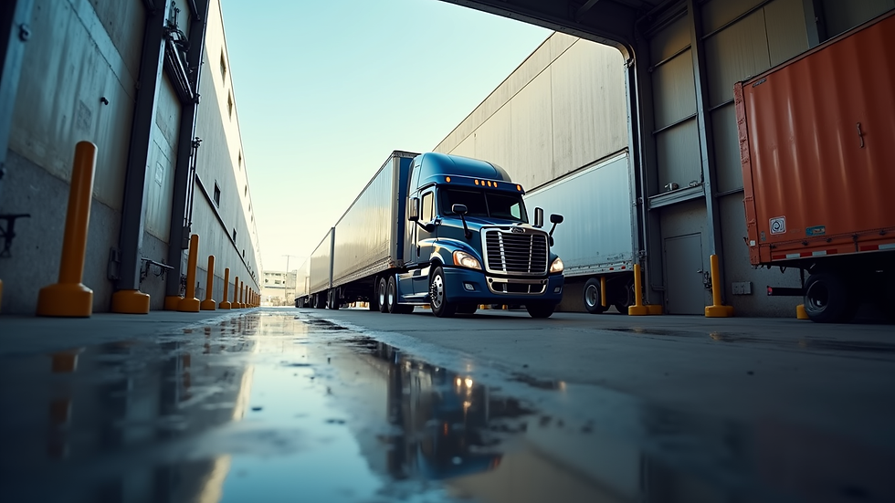 Eye-level view of a semi-truck parked at a loading dock