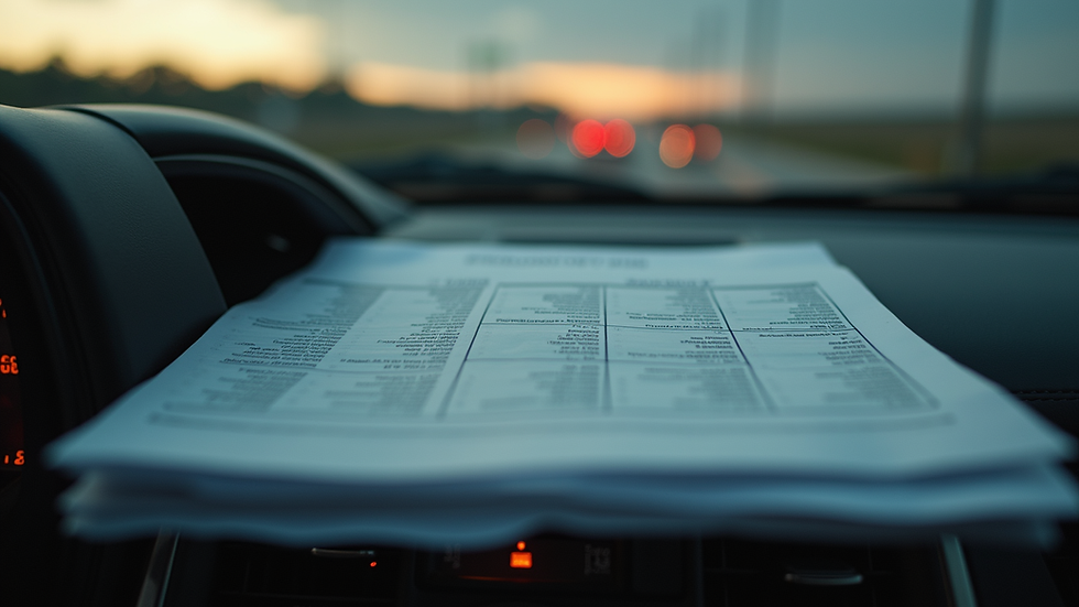 Close-up view of a truck dashboard with financial documents