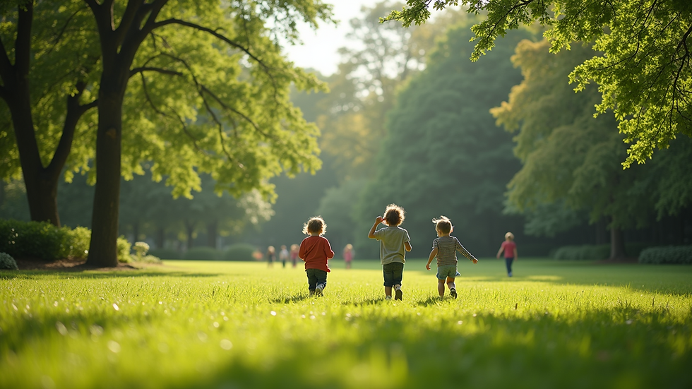 Wide angle view of a lush green park with children exploring