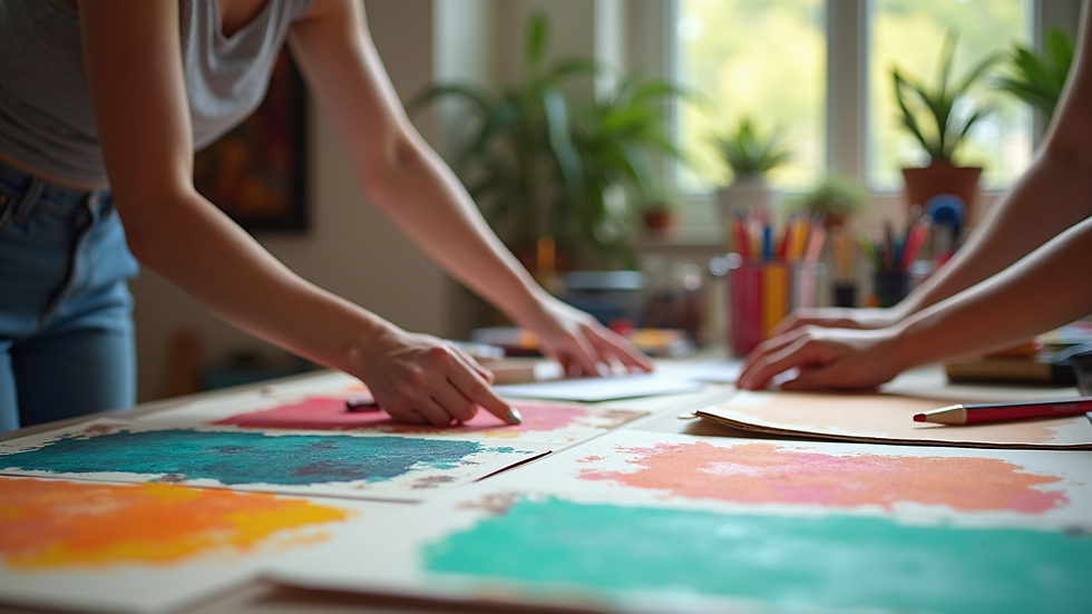 Eye-level view of a colorful art station with various craft supplies