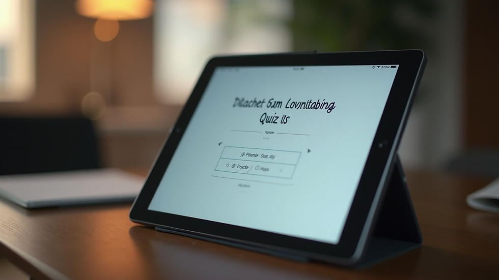 Close-up view of a tablet showing an interactive English language quiz