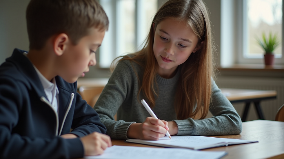 Close-up view of a tutor explaining a grammar exercise to a young student