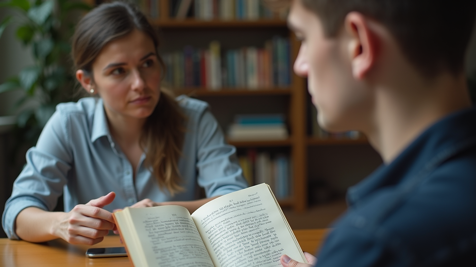 Close-up view of a tutor explaining English literature to a student