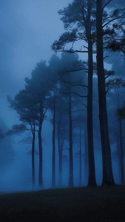 blue light forest“, „misty forest magic“, „silhouette evening light.jpg