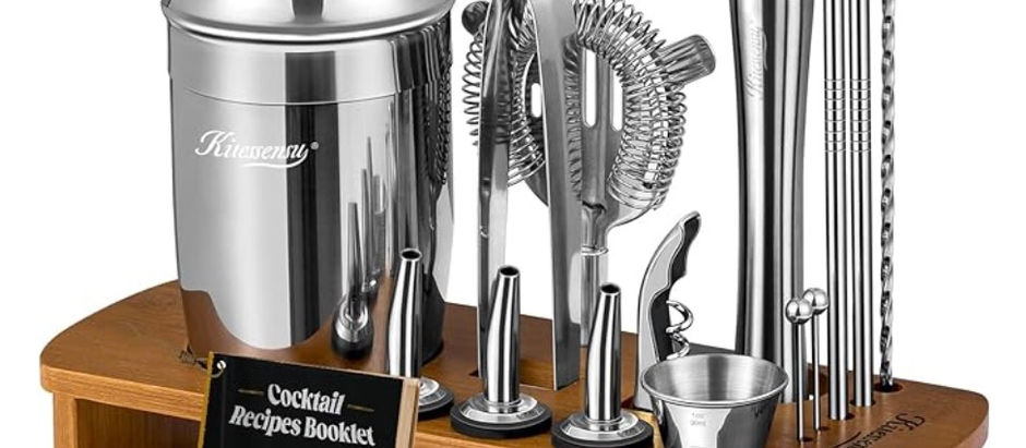KITESSENSU Cocktail Shaker Set with Stand, Bar Set Drink Mixer Set with All Essential Accessory Tools: Martini Shaker, Jigger, Strainer, Mixer Spoon, Muddler, Liquor Pourers