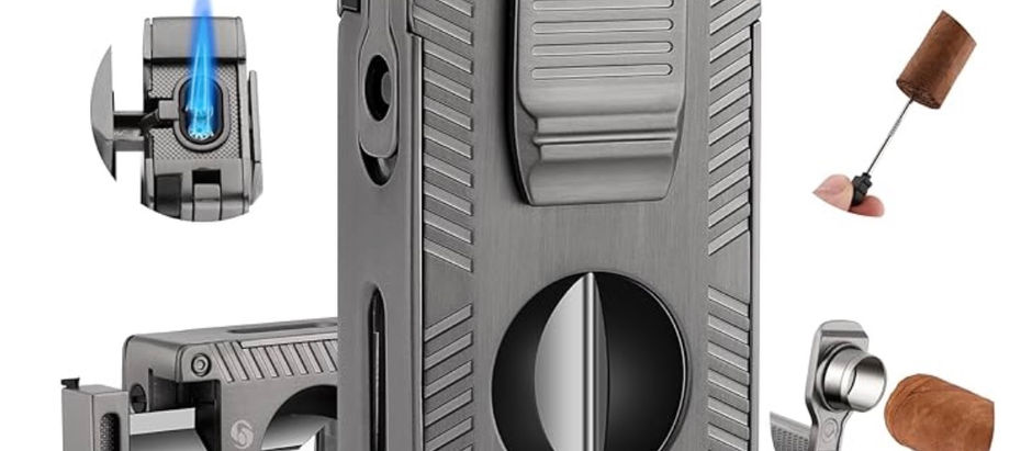 Cigar Torch Lighter (Double Butane Jet Flame), All-in-1: Cigar Torch Lighter with Built-in Cigar Holder, V Cutter, Punch, Draw Enhancer