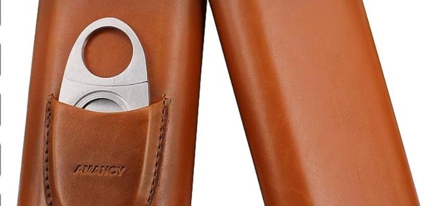 AMANCY Premium 3- Finger Brown Leather Travel Cigar Case, Cedar Wood Lined Cigar Humidor with Silver Stainless Steel Cutter