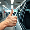 someone who works in an office to do with vehicle registration with their thumb up to show