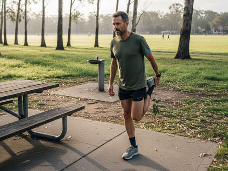 Australian runner stretching in sunlit park