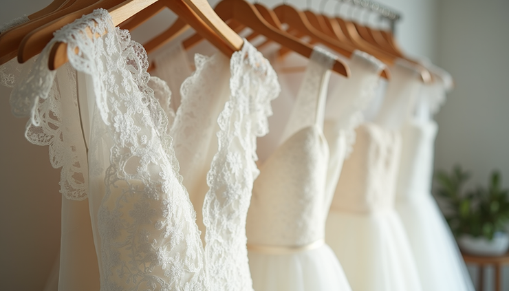 Eye-level view of a white lace wedding dress hanging on a wooden hanger in a bright bridal boutique
