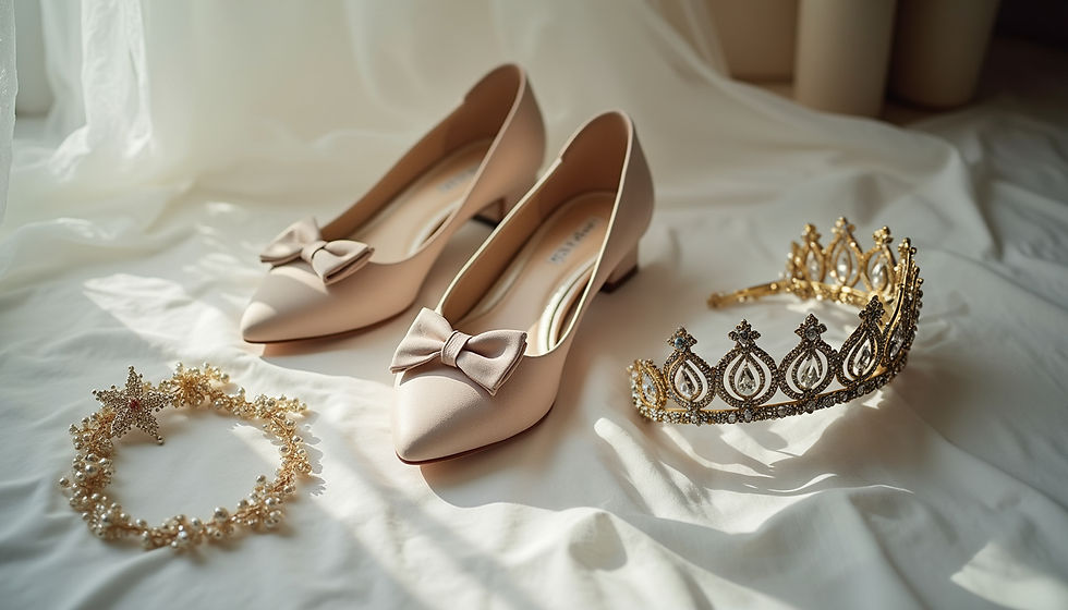 Close-up view of wedding party shoes and accessories arranged neatly