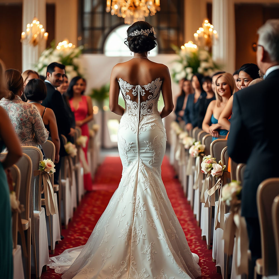 Beautiful Brown bride waiting to walk down the aisle to her forever man. She is in a beaut