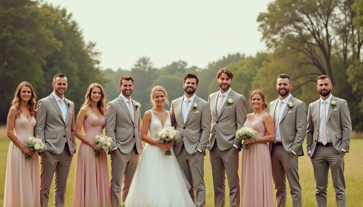 Eye-level view of a wedding party standing outdoors in coordinated attire