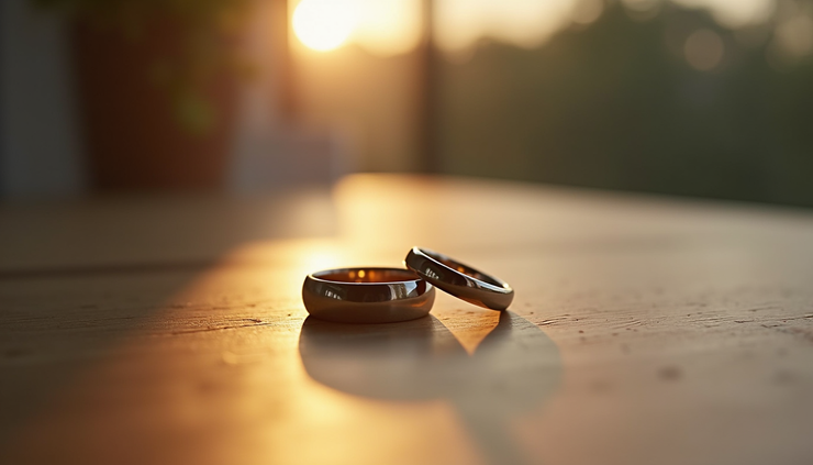Close-up of wedding rings on a wooden table