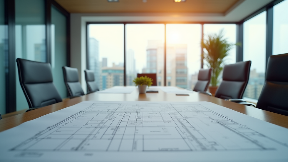 Eye-level view of a modern office meeting room with construction blueprints on the table