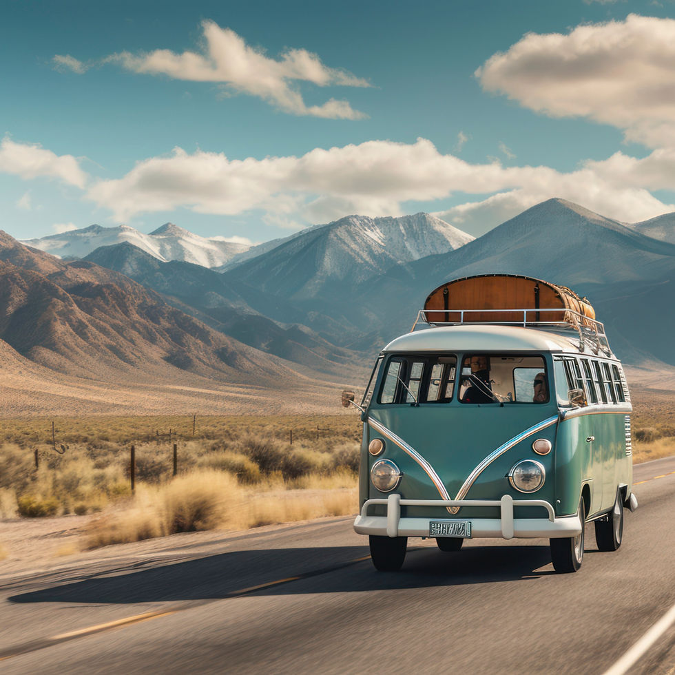 Take a visual road trip in a this 60's turquoise VW bus through vintage artwork for your kitchen backsplash decor.