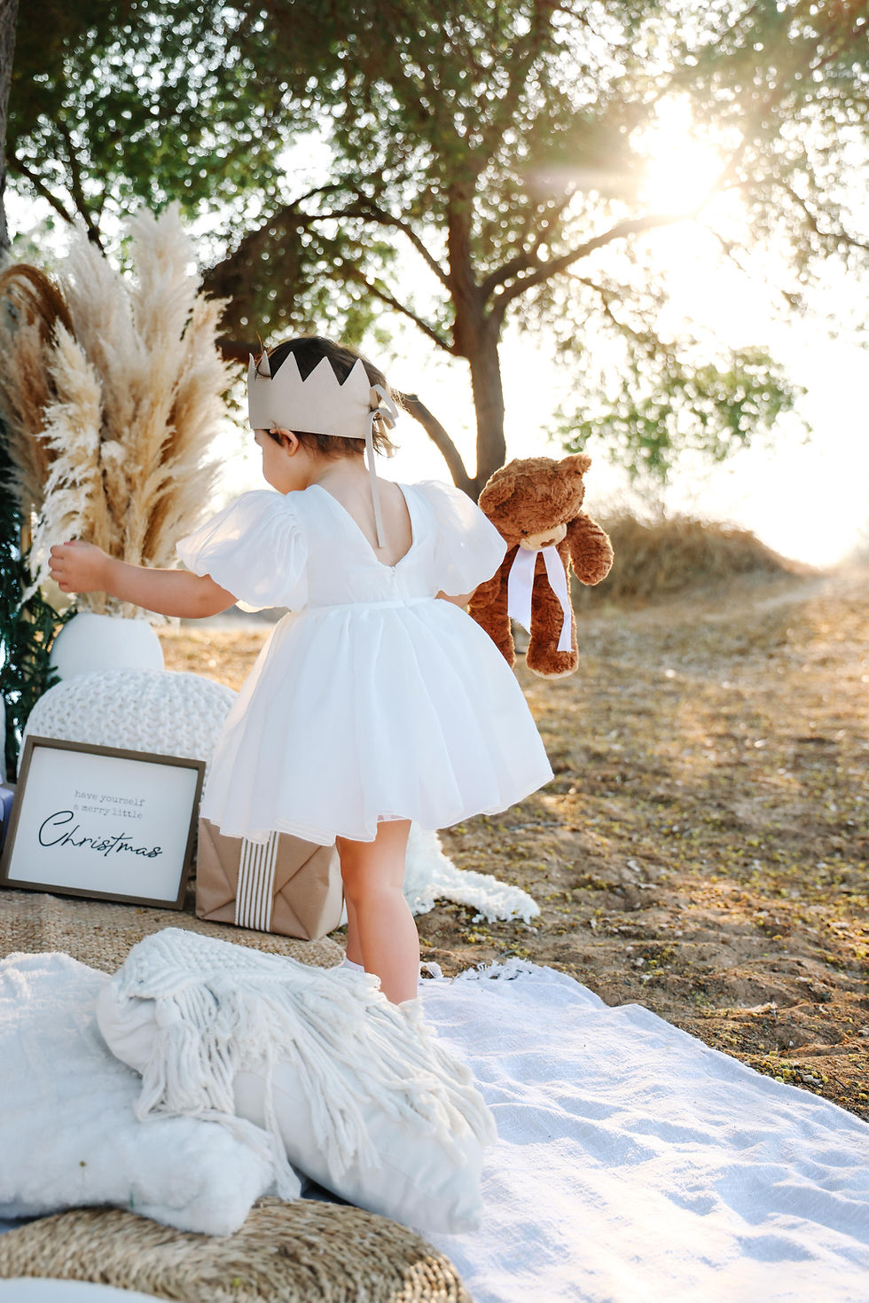 Stylish picnic in Dubai for Christmas with natural decor, throws, and vintage baskets