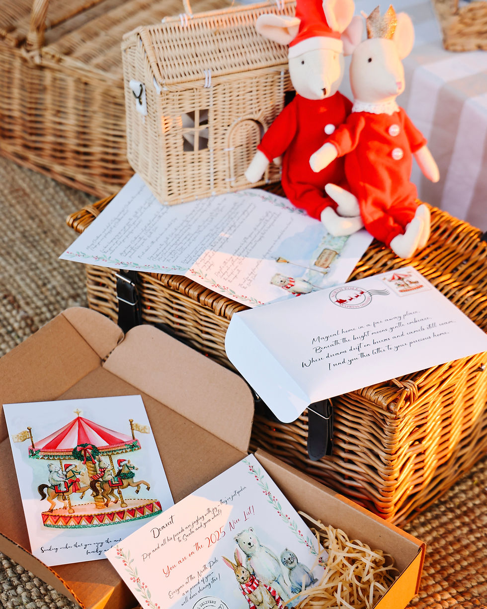 Handcrafted festive artwork by Laura Tomlinson featured in a Picnic Times luxury Christmas picnic setup in Dubai