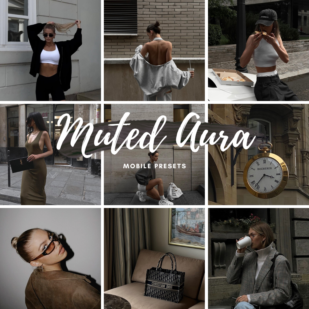 A stylish collage of girls showcasing diverse looks, enhanced with Muted Aura Mobile Presets. The images feature soft, muted tones and a harmonious color palette, creating a cohesive aesthetic that captures a sense of tranquility and effortless style, perfect for modern fashion inspiration