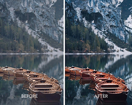  tranquil lake scene featuring small boats gently floating on the water, enhanced with Moody Mobile Presets. The image captures a serene atmosphere with deep, rich tones and dramatic contrasts, creating a contemplative and immersive experience reminiscent of misty mornings and reflective moments